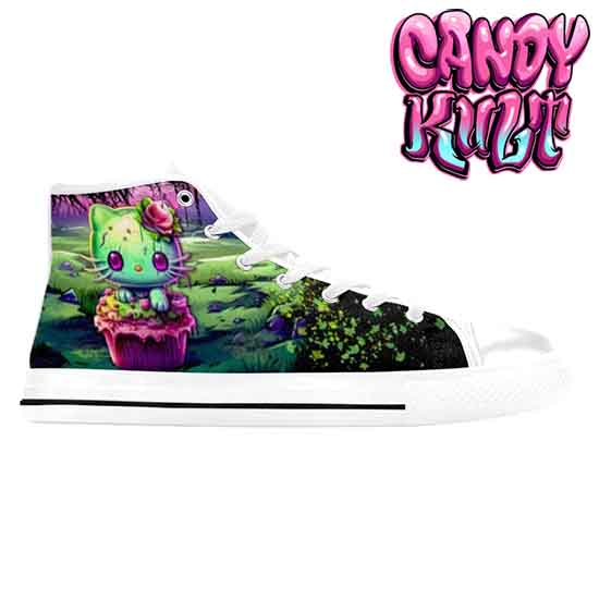 Zombie Kitty Fright Candy White Men’s High Top Canvas Shoes - Candy Kult - Candy Cult - Candy Kult Land - Wishbone - Boo Kitty - Panku - Frosti - Toxic Kitten - Hex-Heart - Cult Candy - Cake High Heels - [product_vendor}