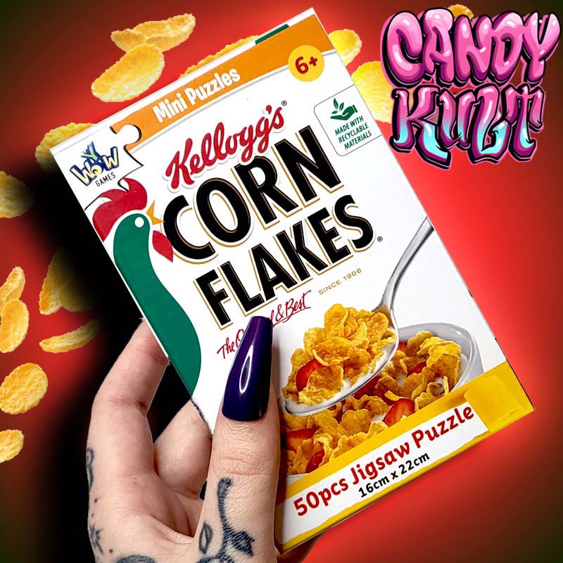 Corn Flakes Cereal Box 50pc Mini Puzzle Candy Kult Cereal Candy Cult - Candy Kult Land - Wishbone - Boo Kitty - Panku - Frosti - Toxic Kitten - Hex - Heart - Cult Candy - Ca